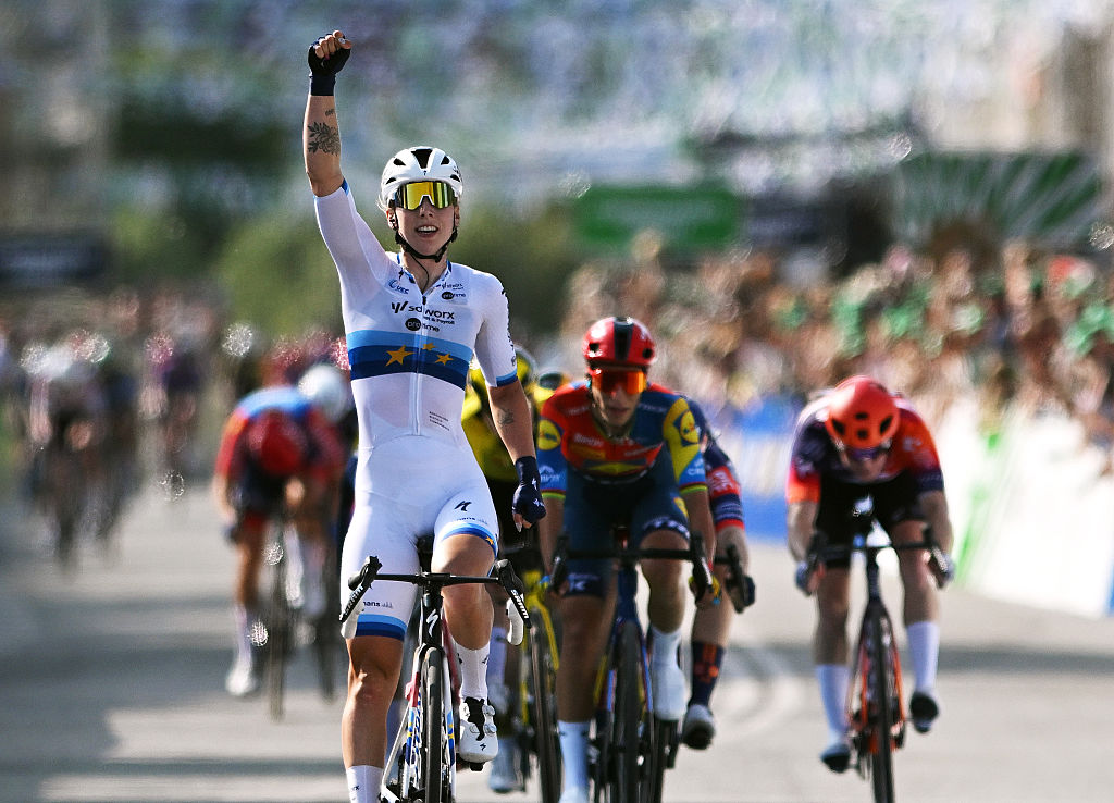 COPENHAGEN, DENMARK - JUNE 21: Lorena Wiebes of Netherlands and Team SD Worx - Protime celebrates at finish line as stage winner during the 1st Copenhagen Sprint 2025 - Women&#039;s Elite a 151km one day race from Roskilde to Copenhagen / #UCIWWT / on June 21, 2025 in Copenhagen, Denmark. (Photo by Szymon Gruchalski/Getty Images)
