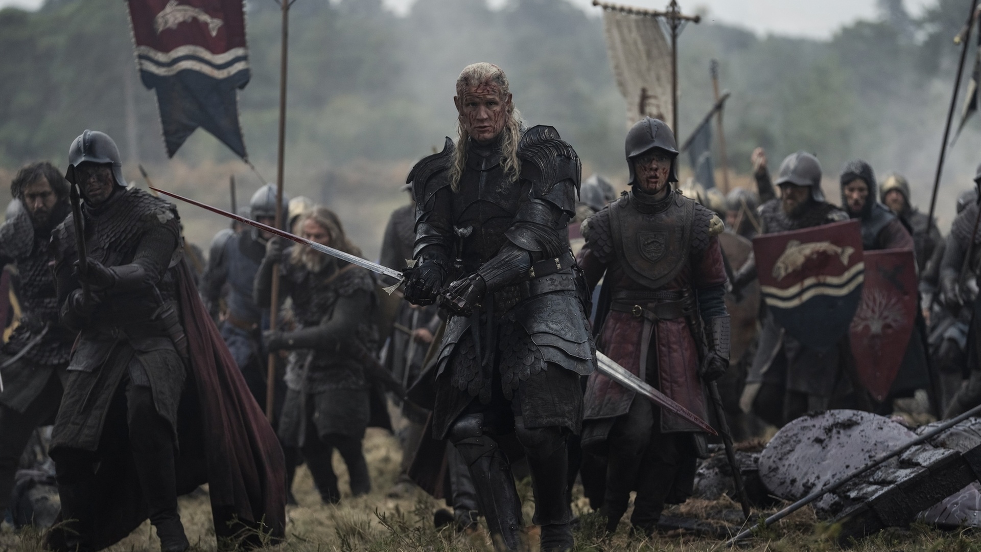 Daemon Targaryen (Matt Smith) leads an army during battle in House of the Dragon season 3