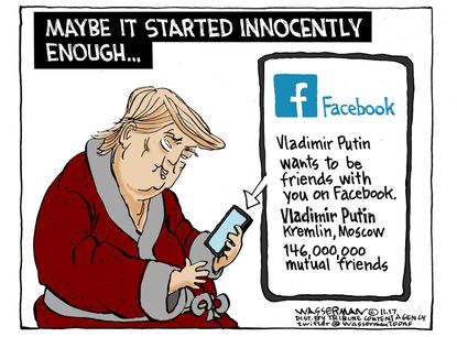 Political cartoon U.S. Trump Putin Russia investigation Facebook