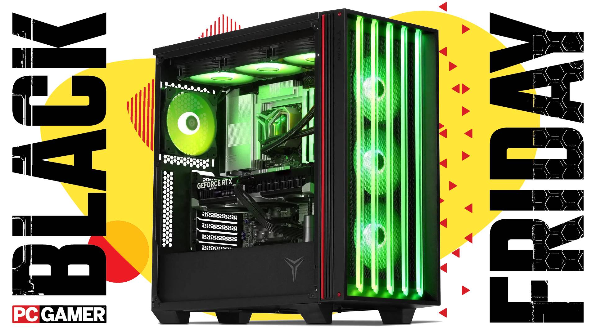 A Yeyian Mirage S gaming PC on a custom Black Friday background