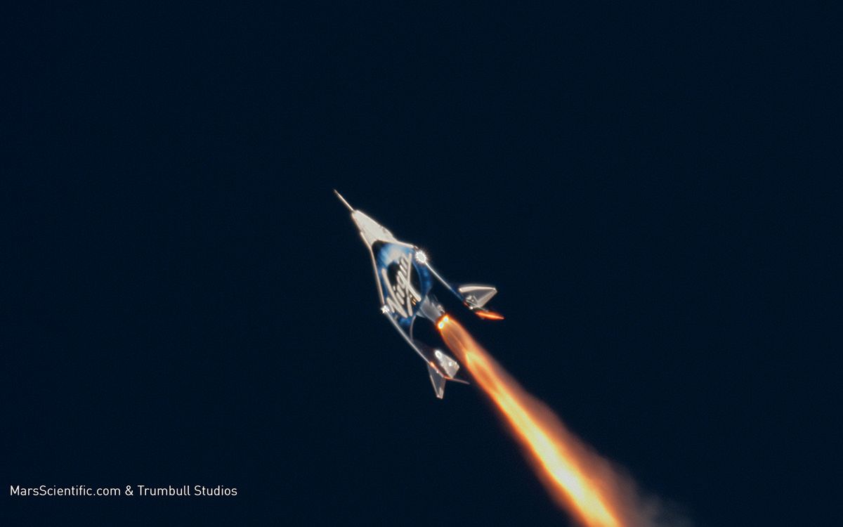 Virgin Galactic&#039;s VSS Unity zooms toward space during a rocket-powered test flight on Dec. 13, 2018.