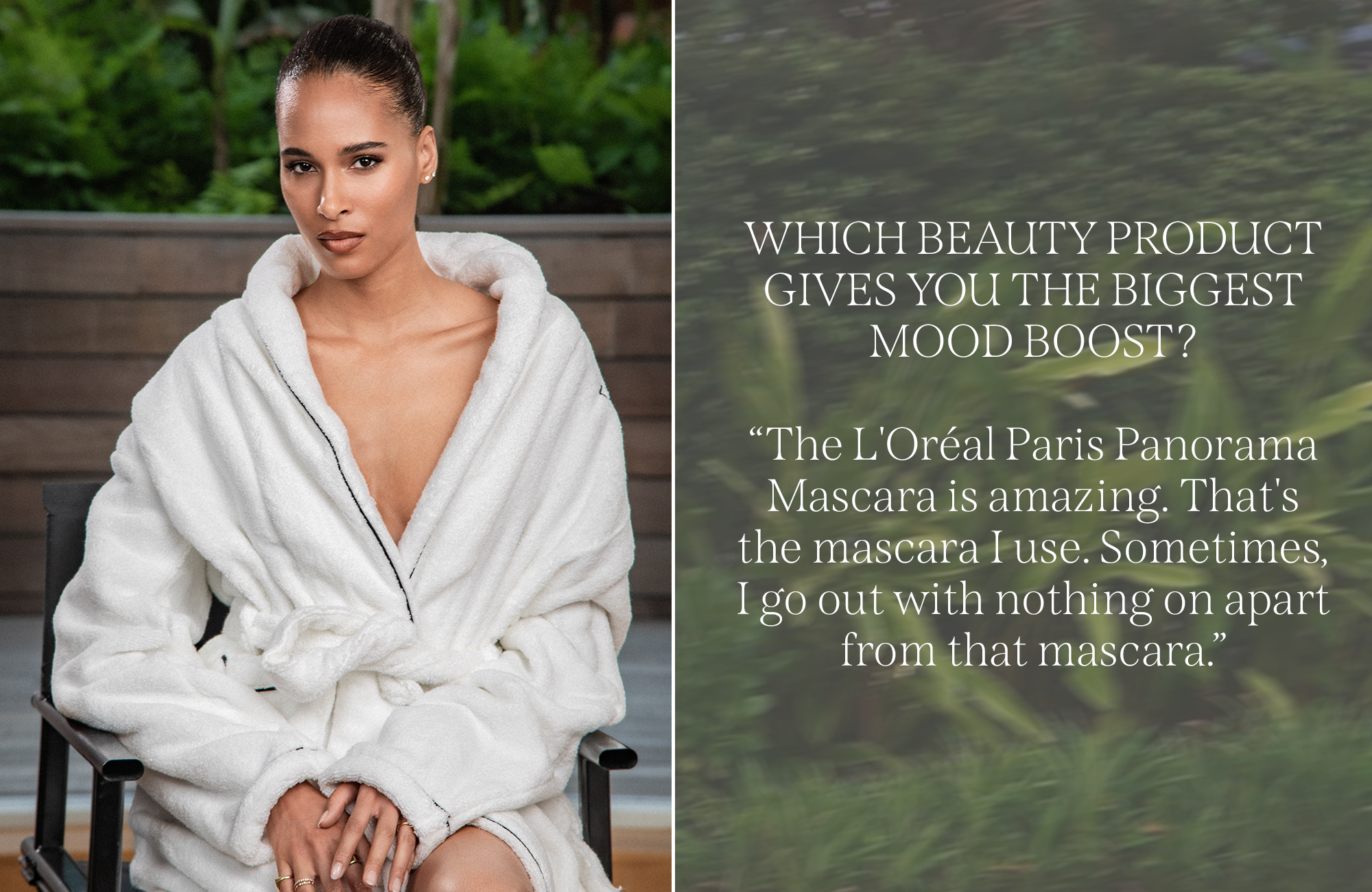 Cindy Bruna sitting in a white robe next to a quote from an interview with Cindy Bruna