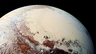 A planet with red patches and cream patches against a dark background.