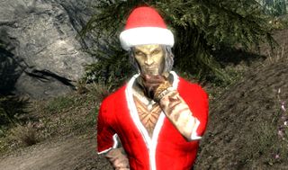 Skyrim console commands - A dunmer wears traditional santa garb