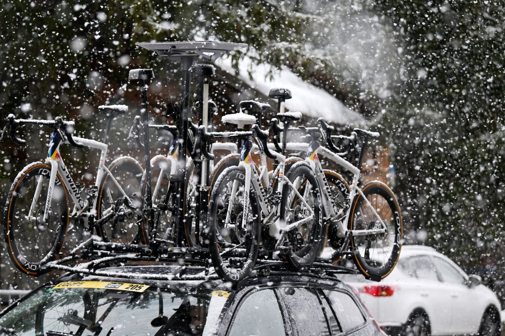 AURON FRANCE MARCH 15 Specialized bikes of Team Red Bull BORA hansgrohe under heavy snowfall after the 83rd Paris Nice 2025 Stage 7 a 1093km stage from Nice to Auron 1603m UCIWT on March 15 2025 in Auron France Photo by Dario BelingheriGetty Images