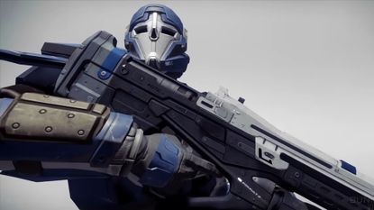 Destiny 1 early development screenshot showing blue Titan holding an assault rifle