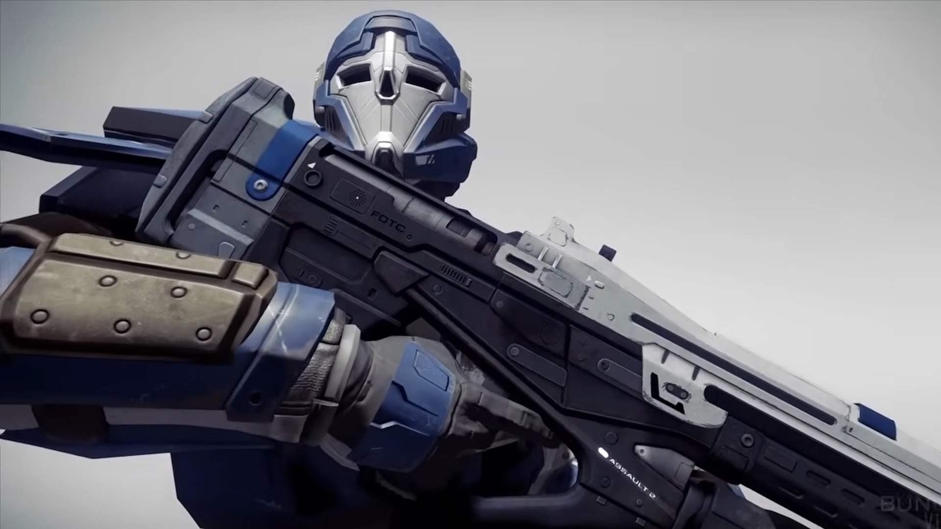 Destiny 1 early development screenshot showing blue Titan holding an assault rifle