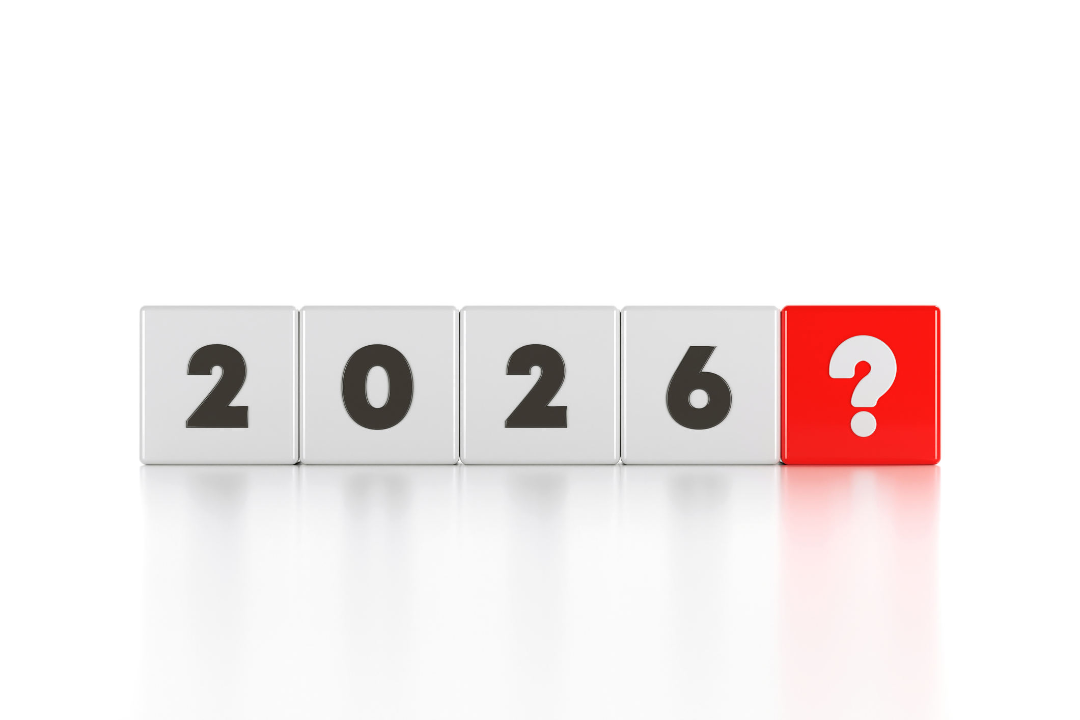 the year 2026 on white blocks with a red question mark at the end