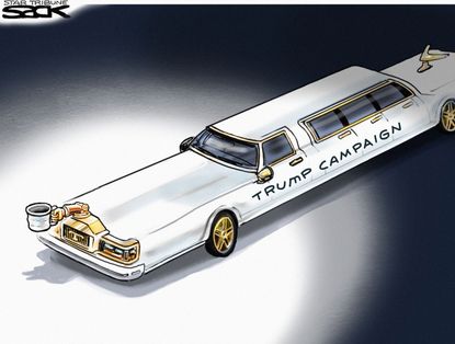 Political cartoon U.S. Trump limo gold broke