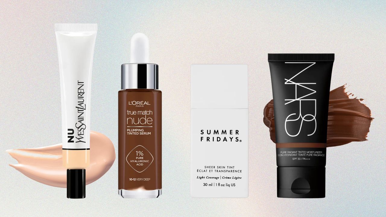 Collage of four of the best tinted moisturisers from (left to right) YSL, L&#039;Oreal Paris, Summer Fridays and NARS, set in front of two product swatches and against a pastel blue, cream and pink ombre background 