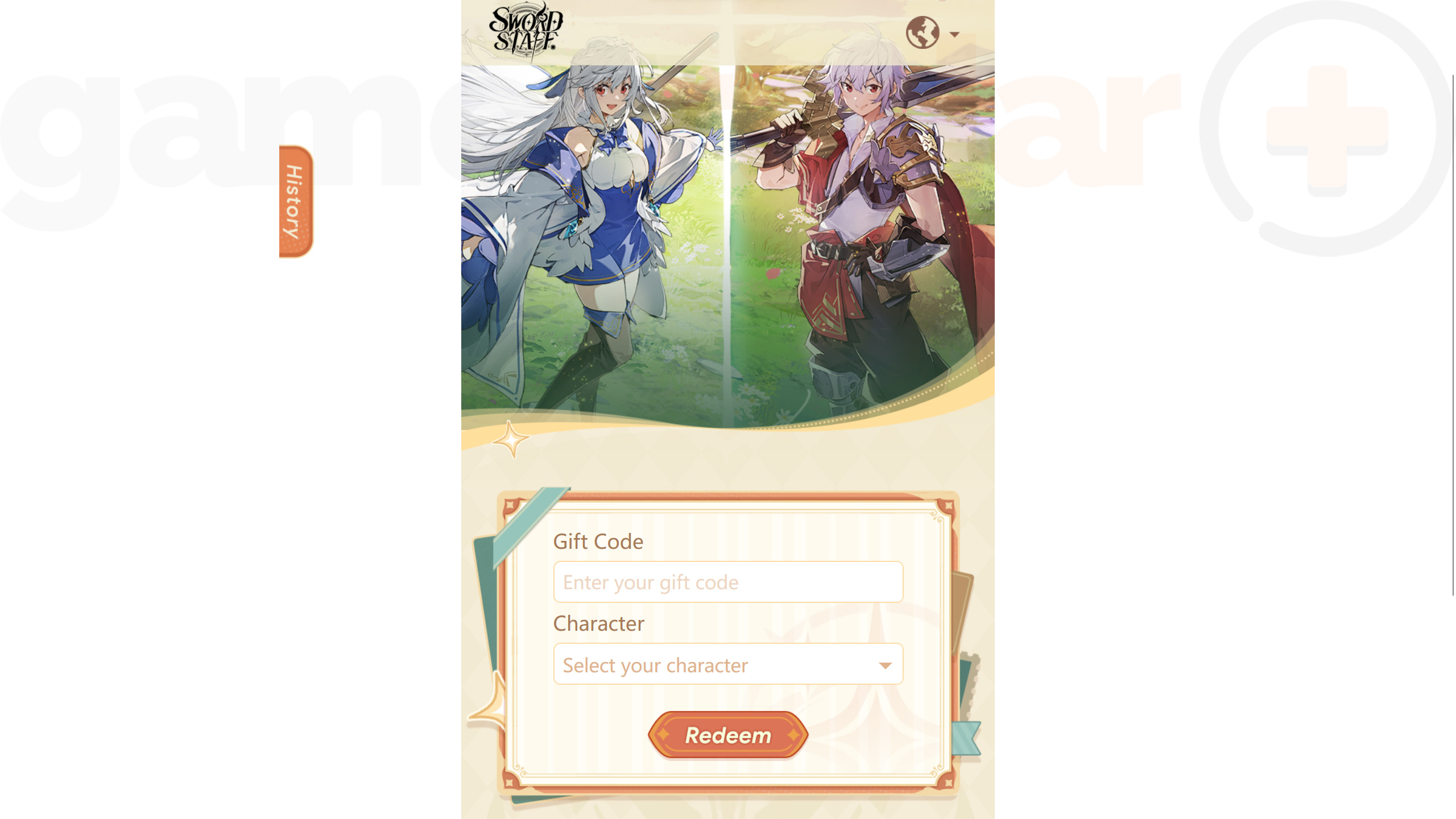 The Gift Code Redemption Website used to claim Sword x Staff codes for iOS devices