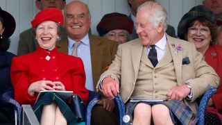 Princess Anne, Princess Royal and King Charles III (wearing, for the first time, a kilt made from the new King Charles III tartan) attend The Braemar Gathering 2023