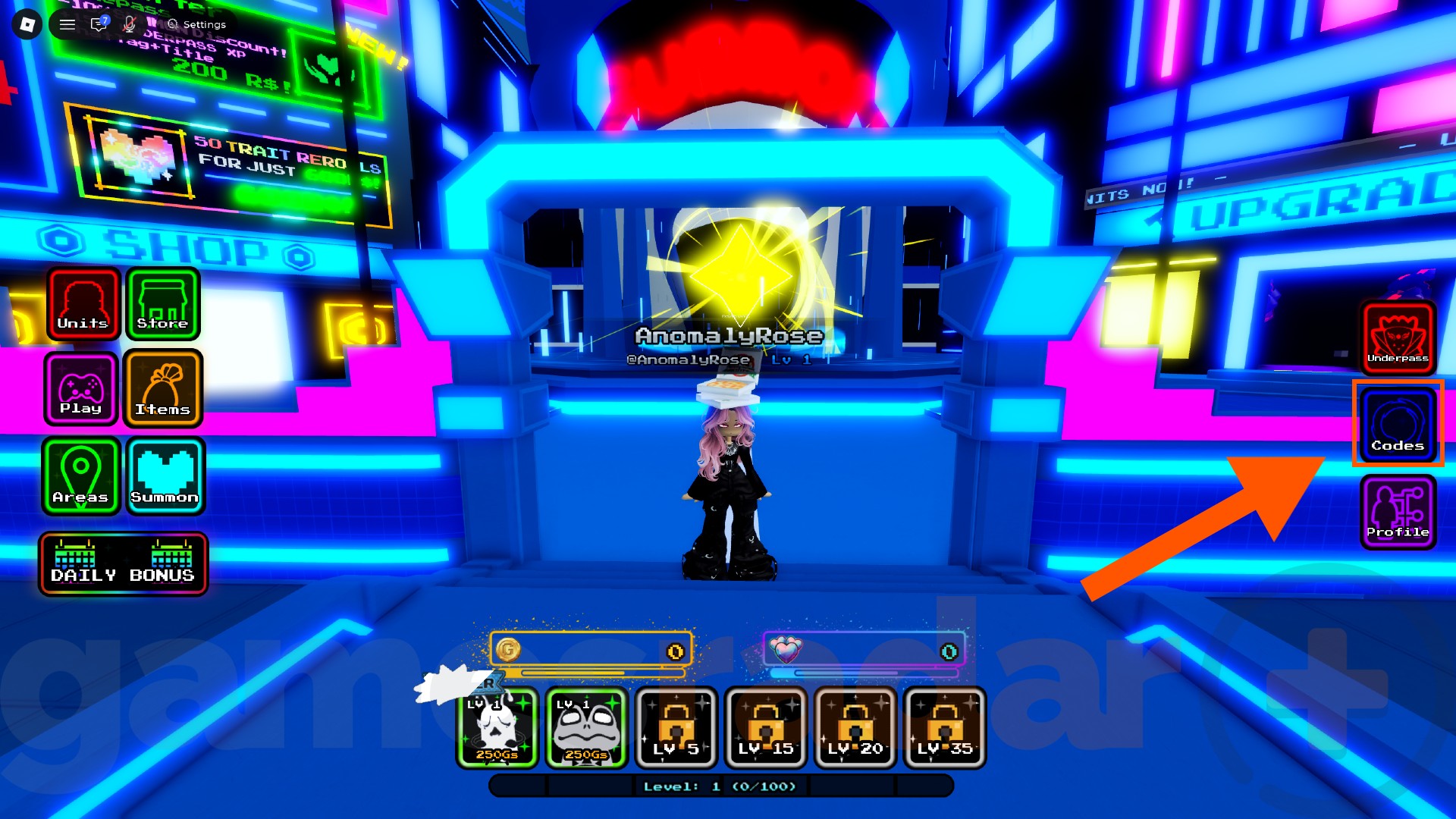An orange arrow points to the Undertale Adventures X Codes button on the right-hand side of the screen.