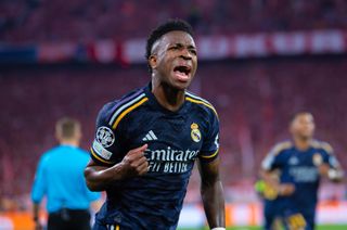 Vinicius Junior celebrates after scoring his second goal for Real Madrid against Bayern Munich in the teams' Champions League semi-final first leg in April 2024.