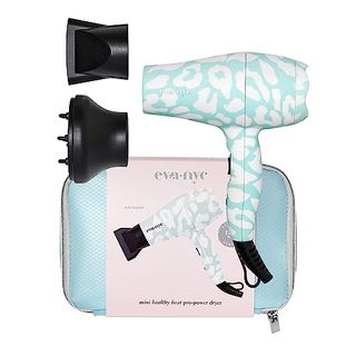 Eva NYC Mini Healthy Heat Pro-Power Dryer, Compact Hair Dryer for Hair Styling, 2-Speed Blow Dryer with Far-Infrared, On-The-Go Mini Hair Dryer, Travel Hair Dryer with Pouch, Mint Leopard
