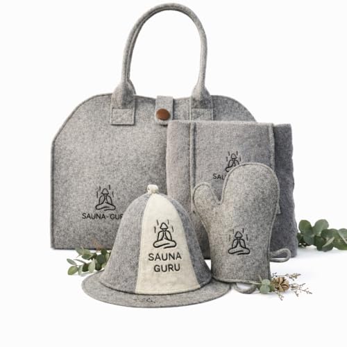 Complete Sauna Accessories Kit &amp;ndash; Wool Banya Hat, Kilt Towel, Storage Bag, Felt Mitten Glove &amp;amp; Seat Cushion Pad &amp;ndash; for Finnish, Russian, Steam, Dry &amp;amp; Outdoor Saunas &amp;ndash; Spa Gift Set for Men