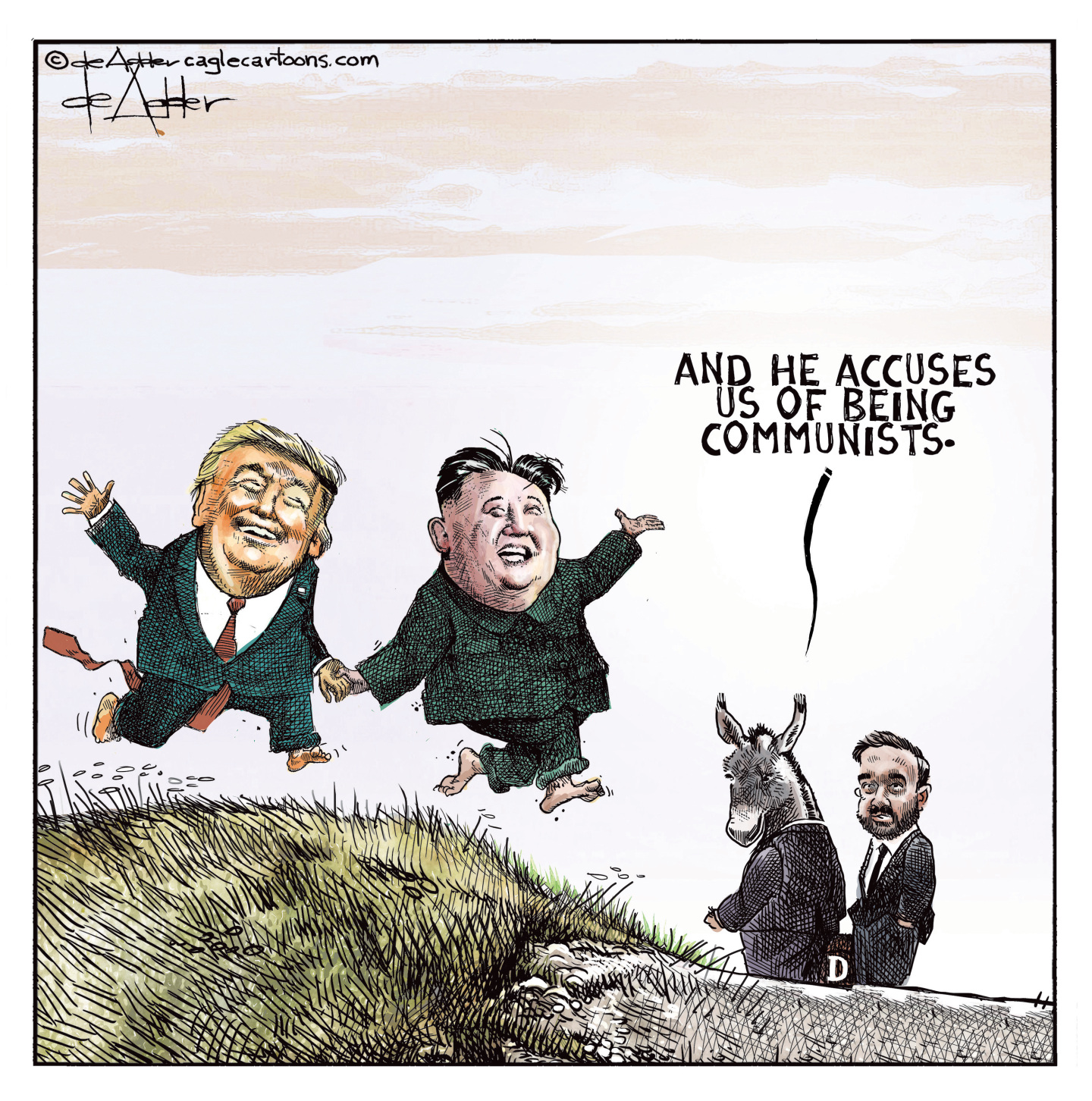 Donald Trump and Kim Jong Un hold hands and smile as they skip together. A donkey in a suit and Zohran Mamdani watch and the donkey says, "And he accuses us of being communists."