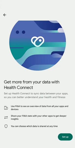The initial set-up page when users go to sync their Health Connect data with Fitbit.