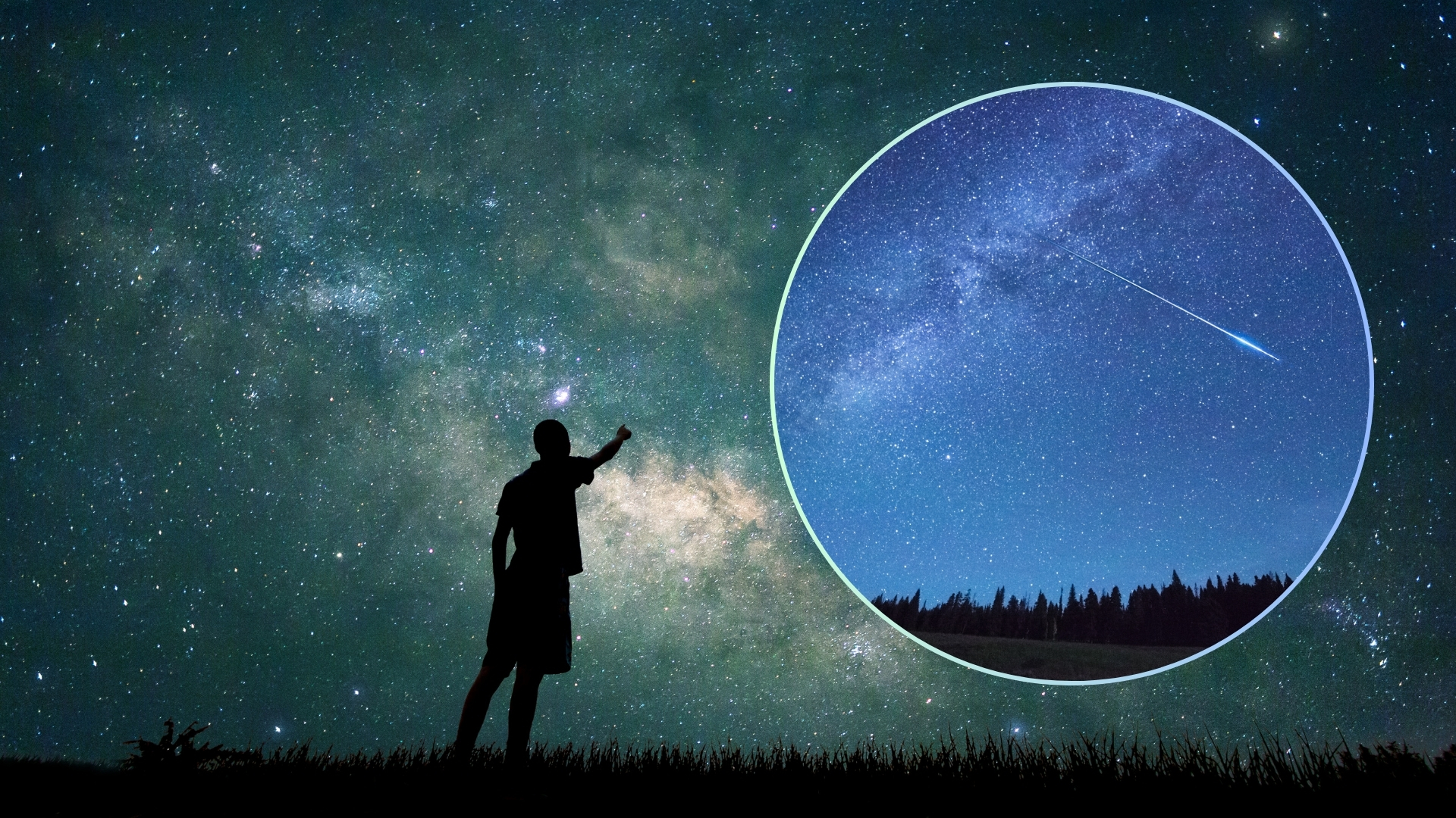 a silhouette of a person points up at a night sky filled with stars. A circle boxout in the top right corner contains an image of a shooting star.