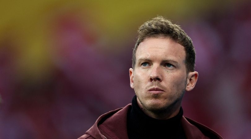 Julian Nagelsmann looks omn during Bayern Munich&#039;s defeat to Bayer Leverkusen in March 2023.