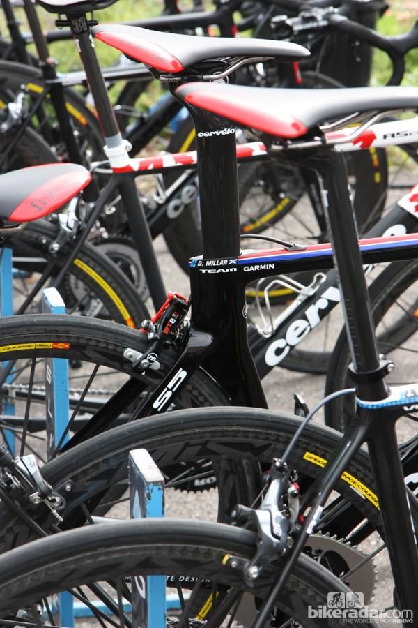 David Millar's Magura hydraulic rim brake-equipped Cerv&eacute;lo S5 sits in among the rest of the team bikes.