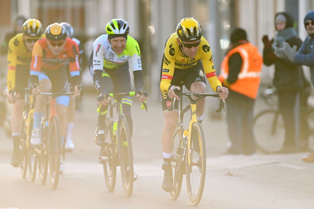 KUURNE BELGIUM FEBRUARY 26 LR Taco Van Der Hoorn of The Netherlands and Team Intermarch Circus Wanty and Tiesj Benoot of Belgium and Team JumboVisma compete in the breakaway during the 75th Kuurne Bruxelles Kuurne 2023 a 1931km one day race from Kuurne to Kuurne kuurnebrusselkuurne on February 26 2023 in Kuurne Belgium Photo by Luc ClaessenGetty Images