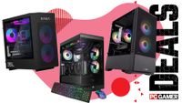 Three gaming PCs on a custom PC Gamer Deals background.