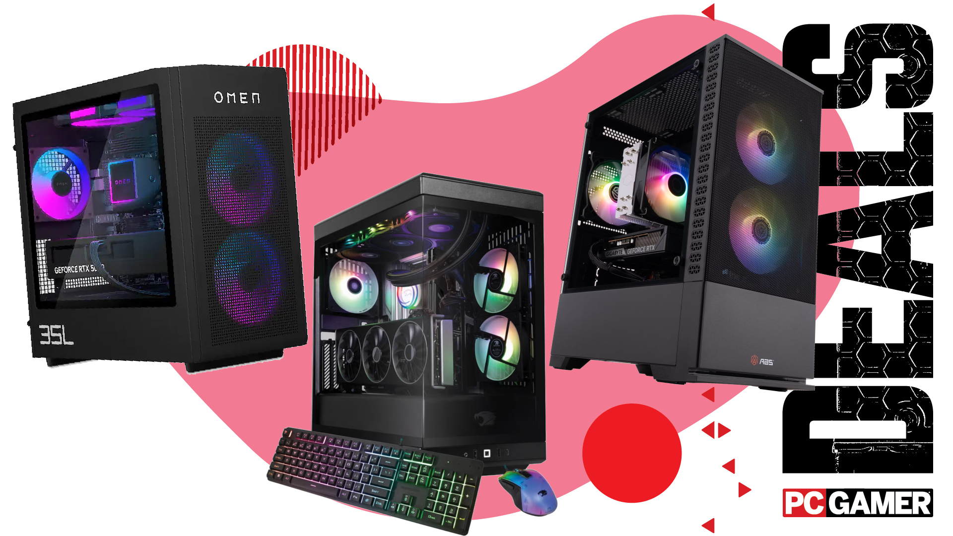 Three gaming PCs on a custom PC Gamer Deals background.