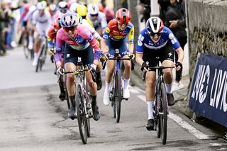 SANREMO, ITALY - MARCH 22: (L-R) Katarzyna Niewiadoma of Poland and Team CANYON//SRAM zondacrypto and Juliette Labous of France and Team FDJ - SUEZ compete during the 1st Sanremo Women 2025 a 156km one day race from Genova to Sanremo / #UCIWWT / on March 22, 2025 in Sanremo, Italy. (Photo by Ivan Benedetto - Pool/Getty Images)