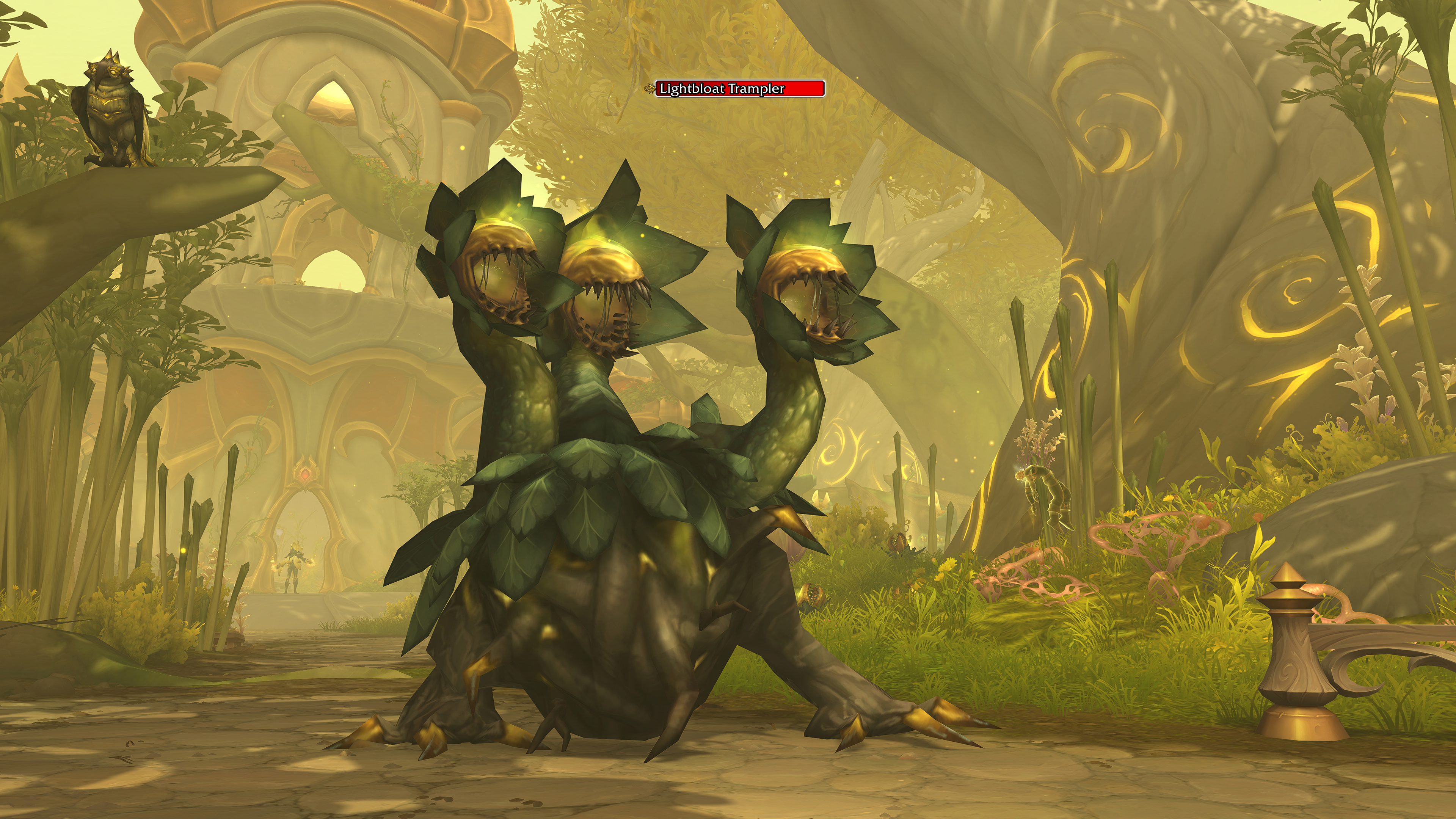 A promotional screenshot of the World of Warcraft: Midnight alpha. A three-headed plant beast stands in a yellowish grove.