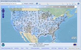 Clear skies are essential to see the solar eclipse. The National Weather Service's forecasting website allows you to select a weather parameter, such as the percentage of cloud cover, shown here. Using the slider on the upper right, you can preview the forecast for Aug. 21 and make plans to be where the sun is shining. To see your local weather forecast, you can zoom in on the map.