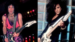 LEFT: Paul Stanley of the group Kiss performs at the Mecca Arena, Milwaukee, Wisconsin, December 30, 1984. RIGHT: Steve Stevens as he poses, with his guitar, backstage at the Metro, Chicago, Illinois, September 28, 1989. 