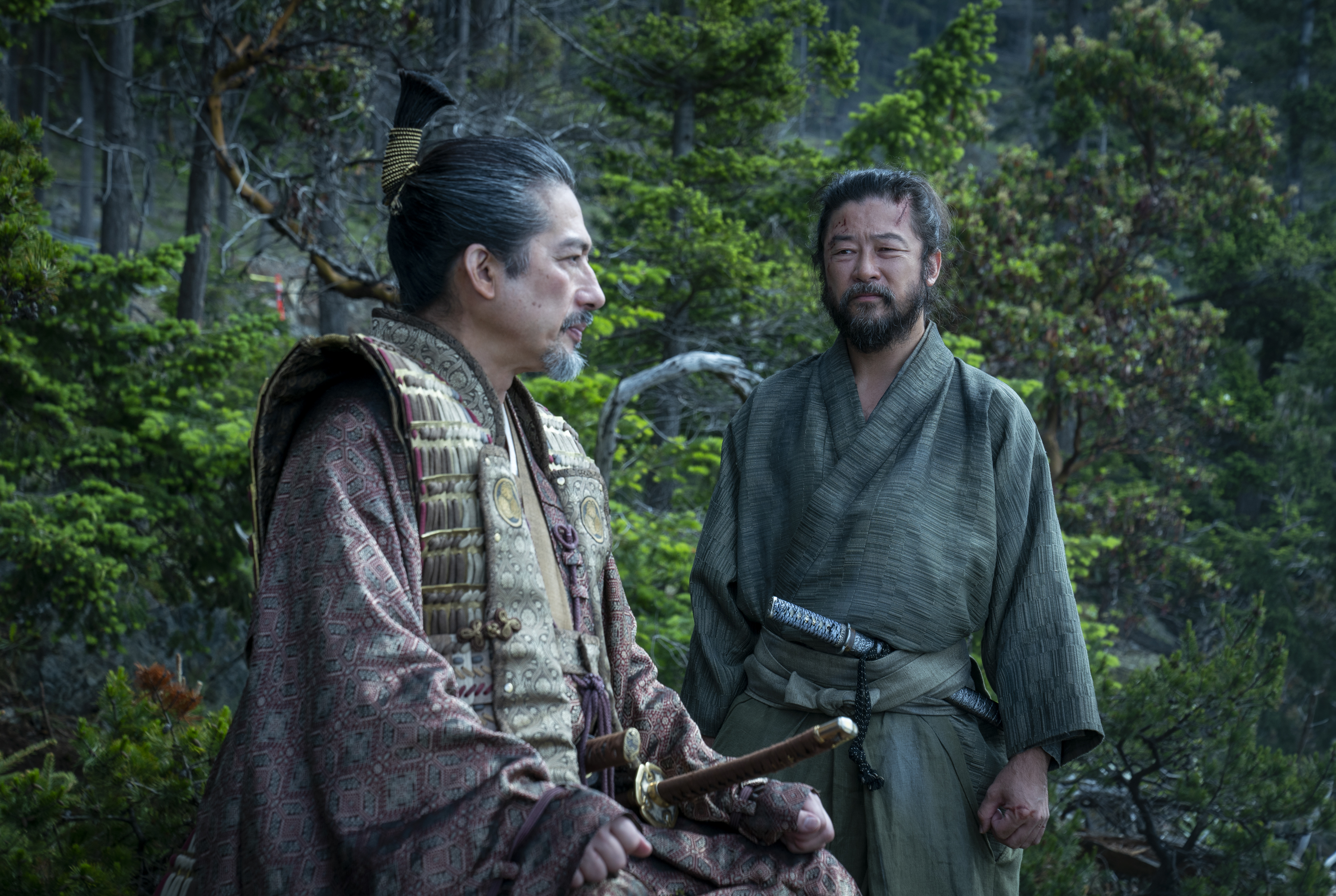 Hiroyuki Sanada as Yoshii Toranaga and Tadanobu Asano as Kashigi Yabushige, in 'Shogun' (2024)