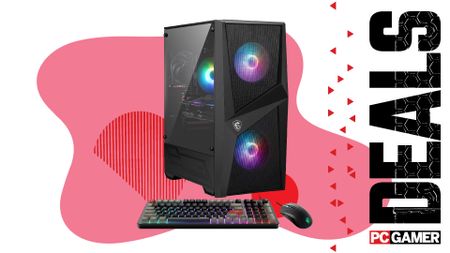 An MSI Codex Z2 gaming PC with mouse and keyboard on a custom PC Gamer Deals background.