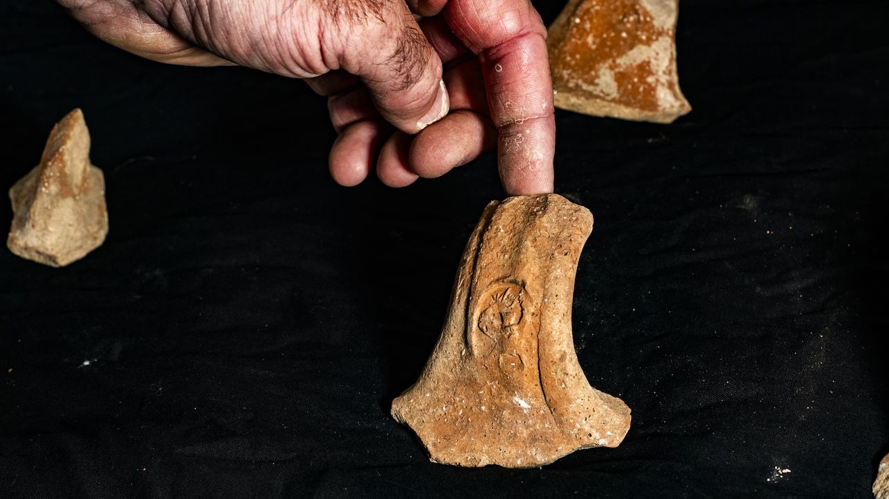 A ceramic fragment with a design on it