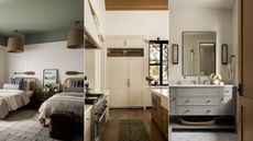 green and white bedroom, warm white kitchen, bathroom with gray cabinets and white tiled wall