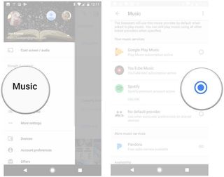 Tap music, tap the circle next to the music service you want to change to the default.