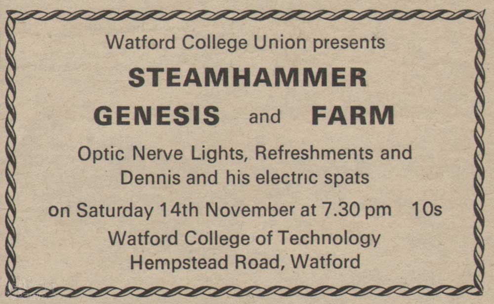 Press ad for Steamhammer/Genesis show at Watford College of Technology