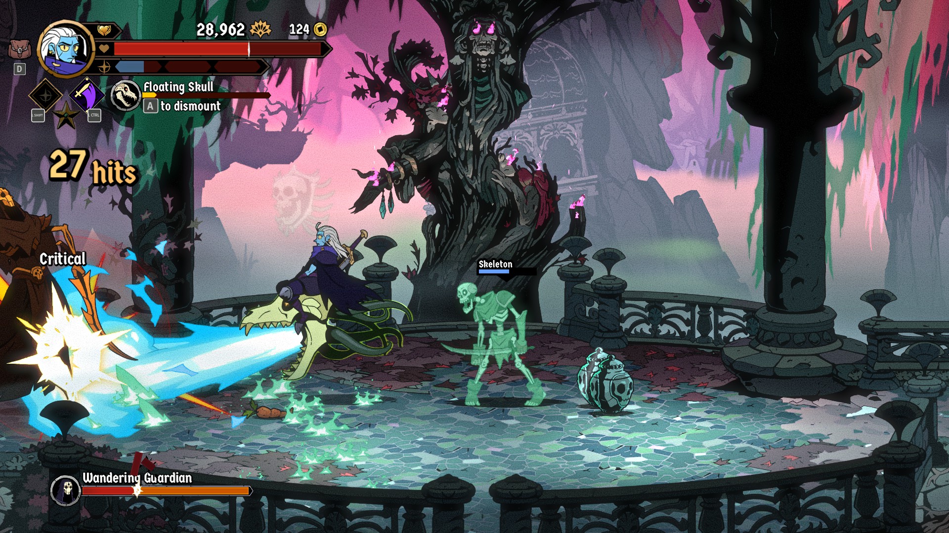 Fighting skeletons while riding a skull that shoots out blue flames in Absolum