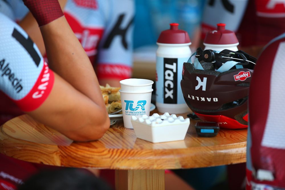 Katusha riders fuel up in a coffee shop before stage 3 in Turkey