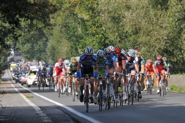 A Quick Step rider sets the pace in the peloton.