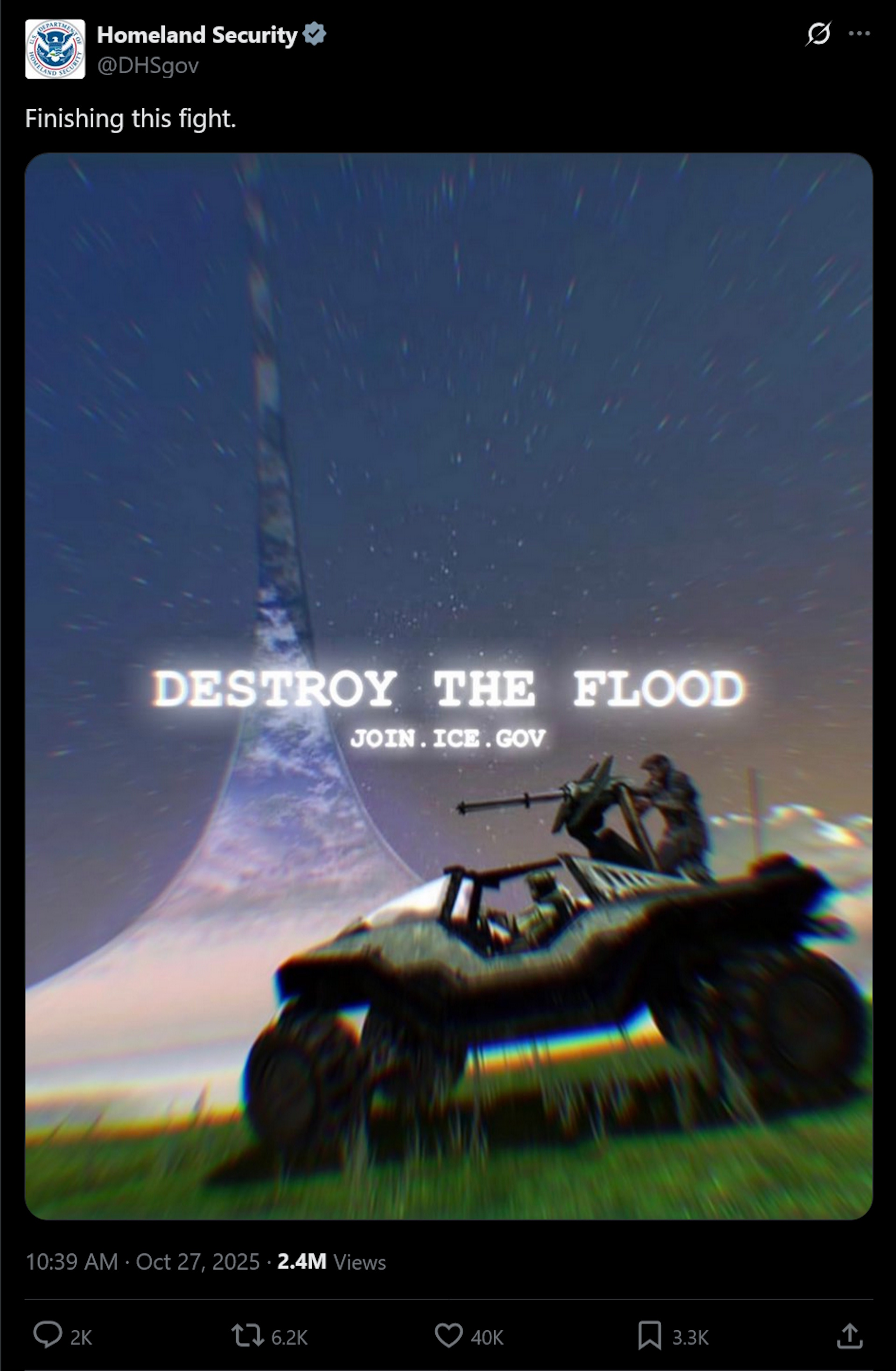 Homeland Security using Halo imagery in tweet calling to "Destroy the Flood"
