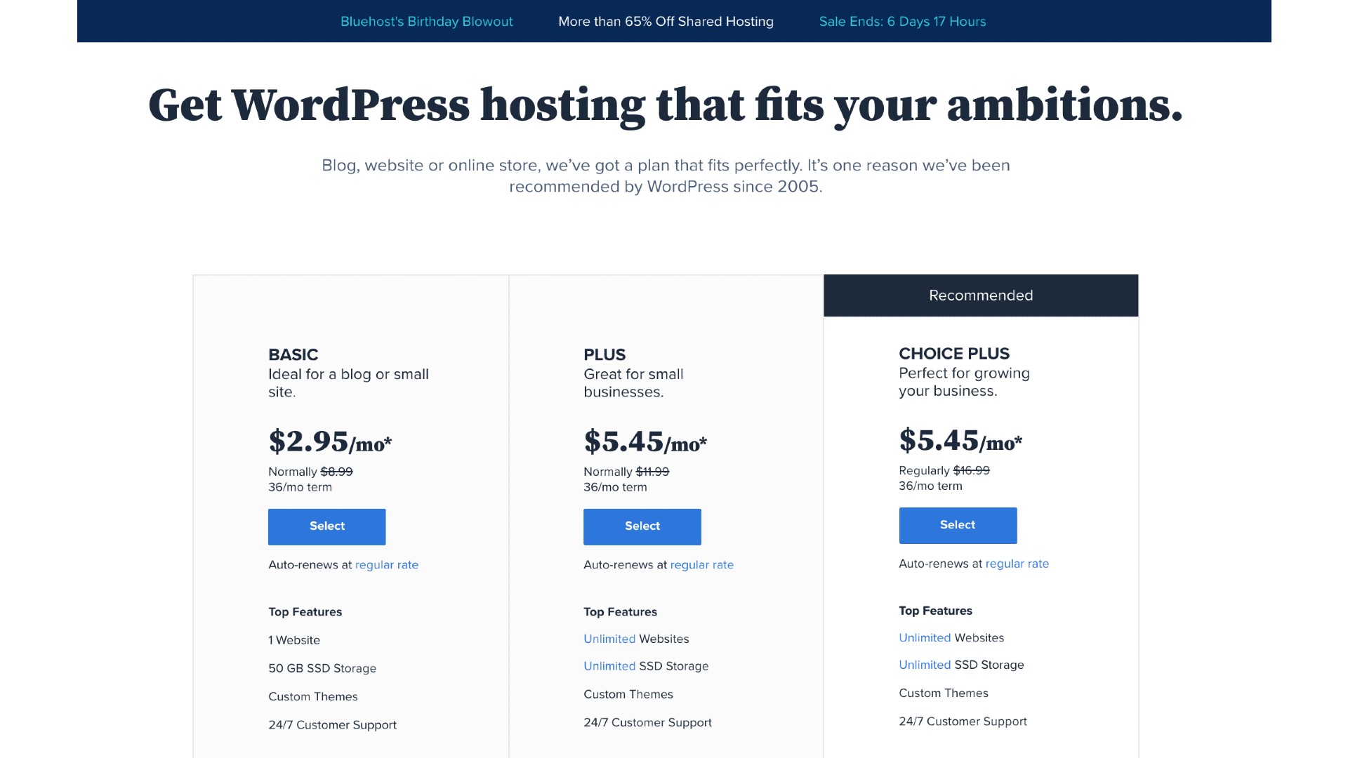 bluehost wordpress plans