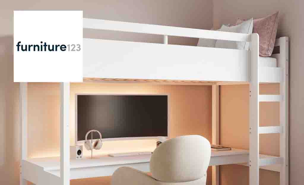 Furniture123 logo top left with an image of a kids bedroom with high sleeper
