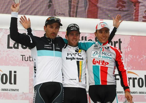 2011 Milan-San Remo podium (l-r): Fabian Cancellara, 2nd; Matt Goss, 1st; Philippe Gilbert, 3rd