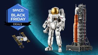 A selection of Lego space sets on a blue planet background.