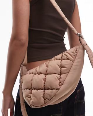 Topshop Callie scoop quilted nylon cross body bag in camel