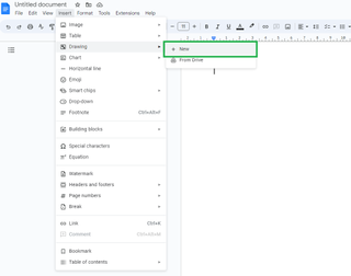A screenshot of a blank Google Doc with the Drawing menu open. 