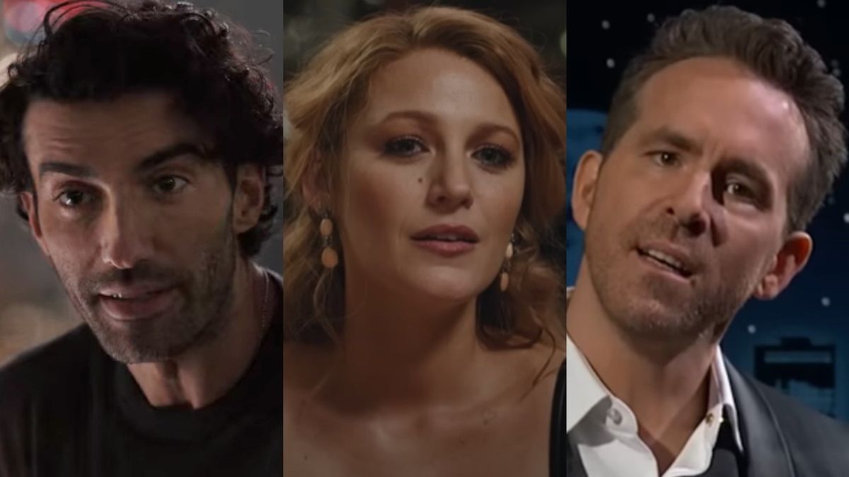 From left to right: Justin Baldoni in It Ends With Us, Blake Lively in It Ends With Us and Ryan Reynolds on Jimmy Kimmel&#039;s show.