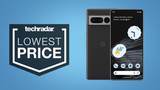 Google Pixel 7 Pro on blue background with 'lowest price' text overlay